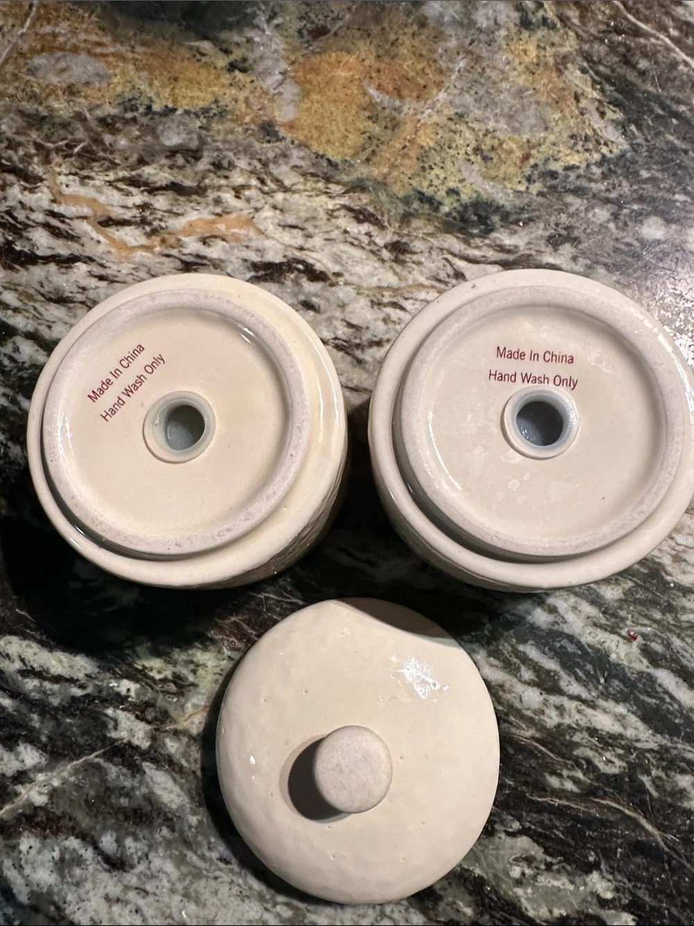 Stackable Ceramic Salt & Pepper Canister Set - Cream with Red Lettering